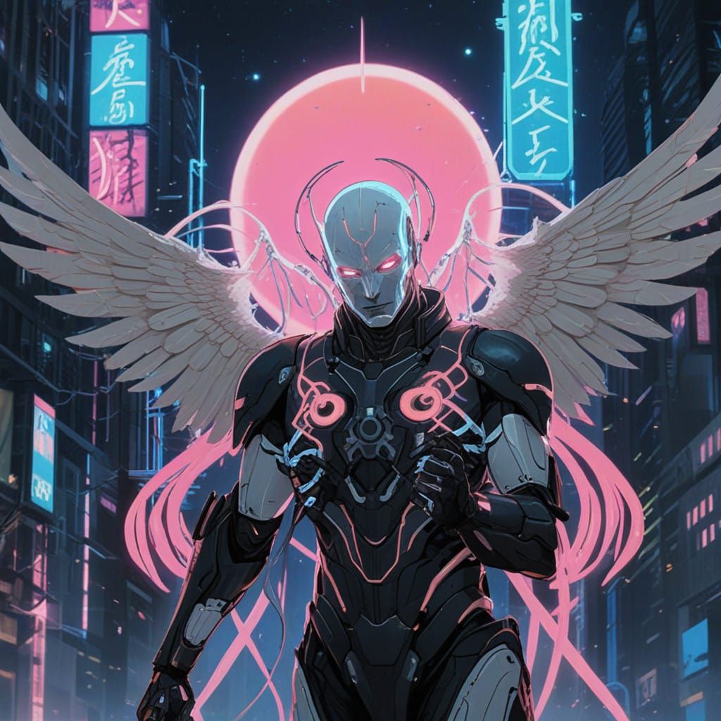 Cybernetic Angel with Neon Markings