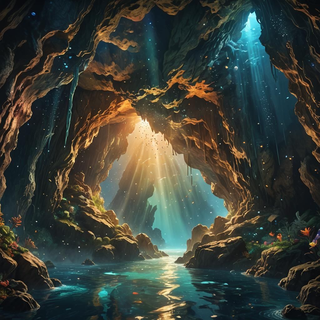 Hyperrealistic Underwater Cave with Starlight