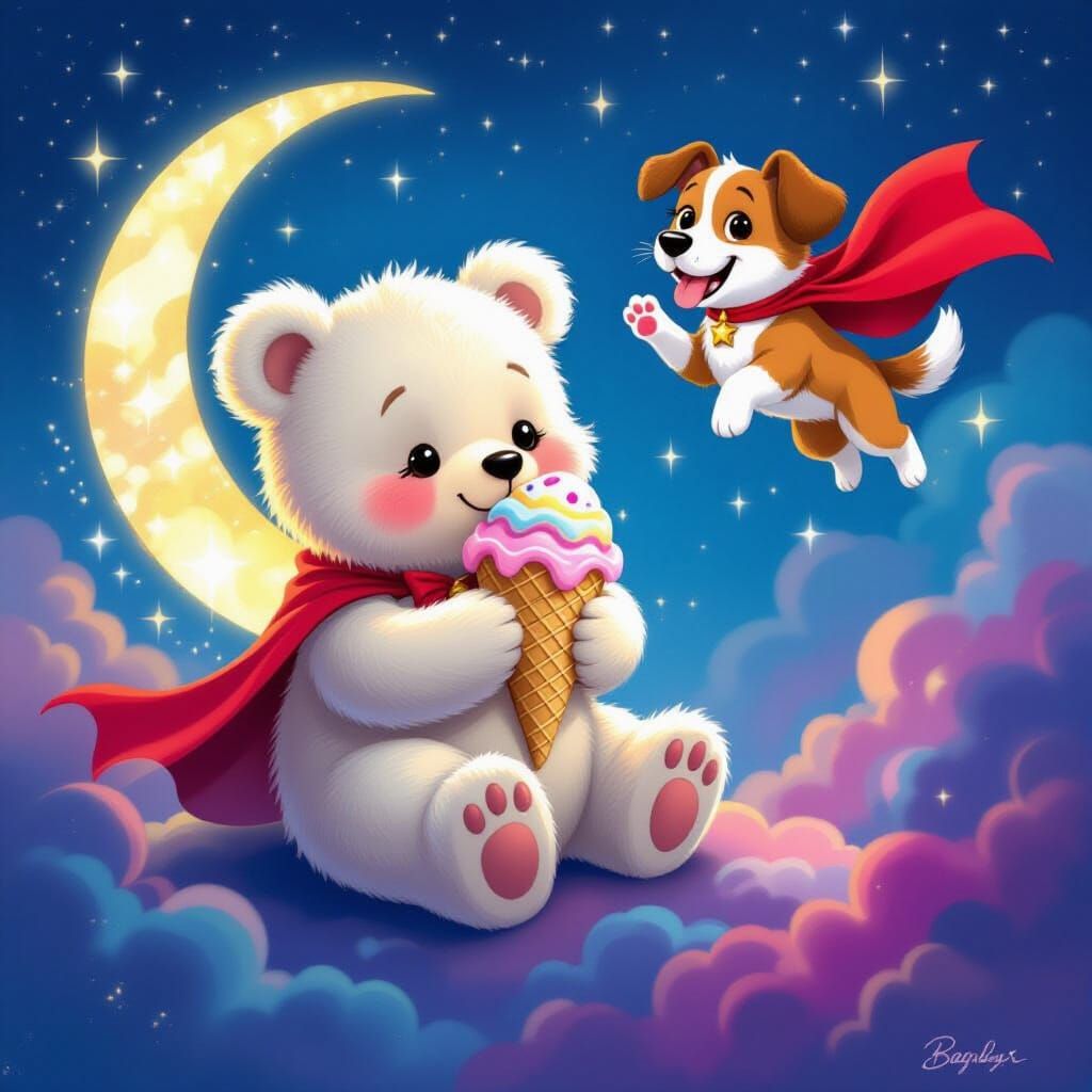 Fluffy Bear Eats Moon Ice Cream Amidst Nebula, Superdog Flie...