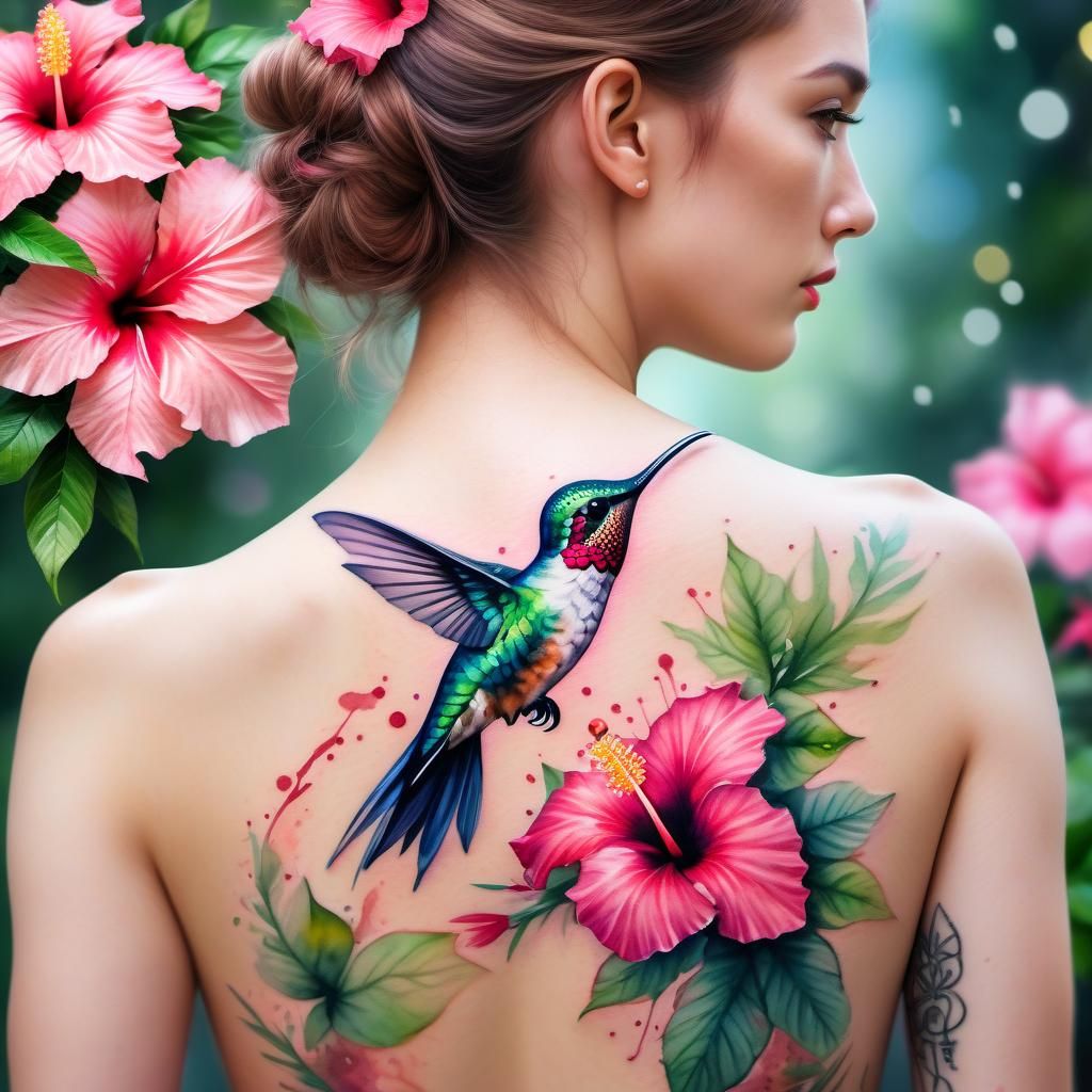Hummingbird and Hibiscus Tattoo