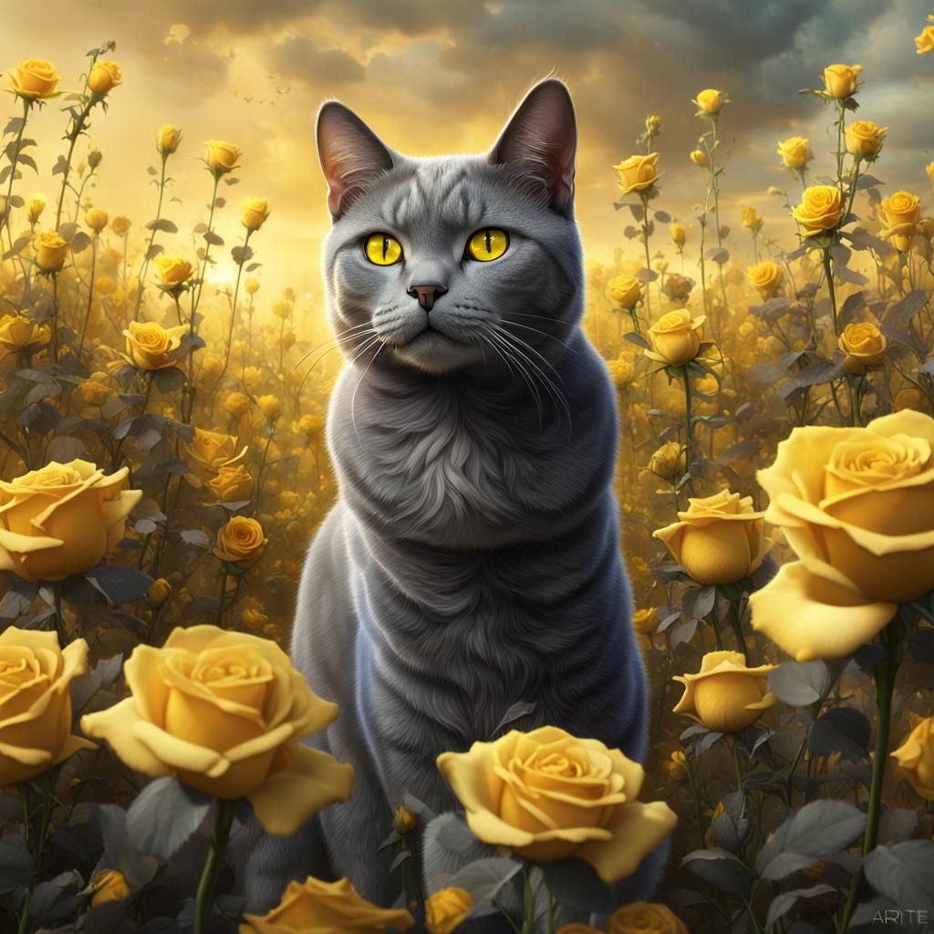 Smoky Grey Cat with Yellow Roses, Detailed Matte Painting