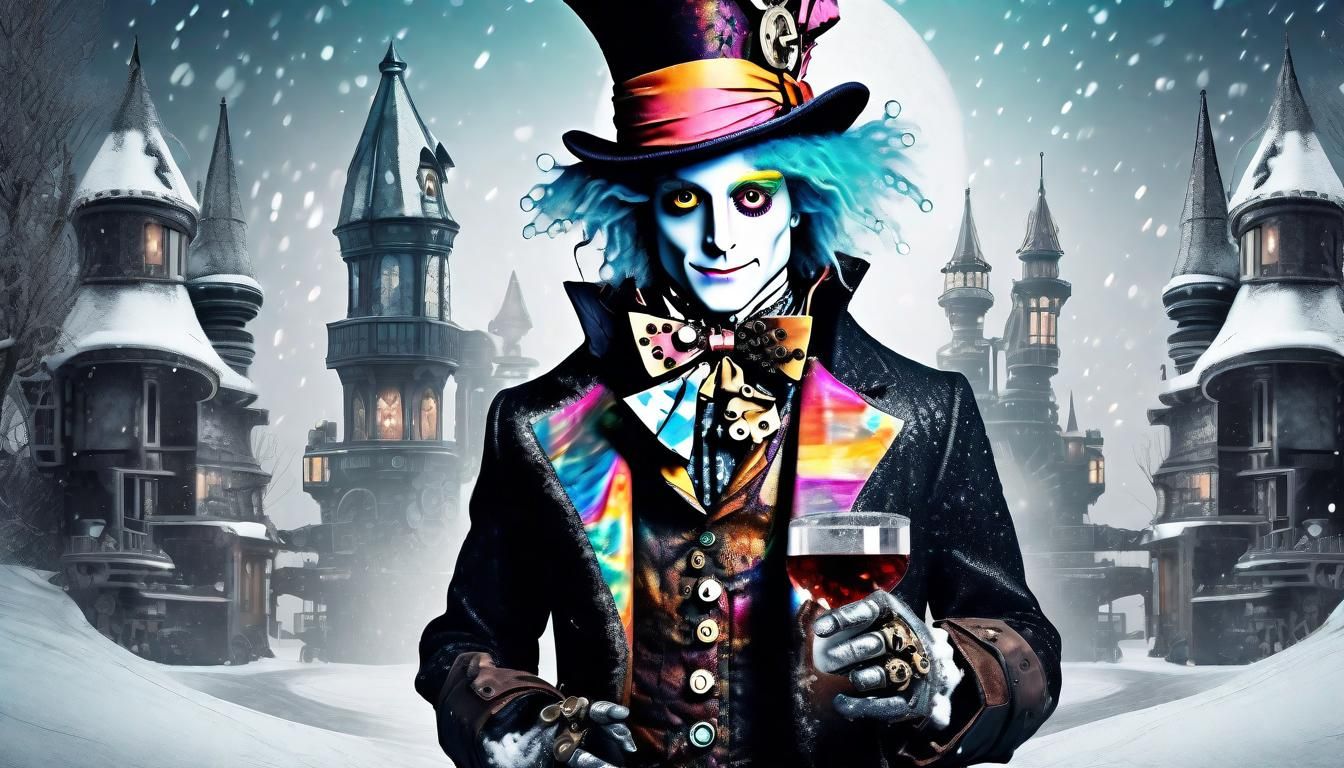 Steampunk Robo Cyber crystal ice Mad Hatter, Winer aetherpunk scene, Tim Burton, Picasso's integrated flowing compositio...