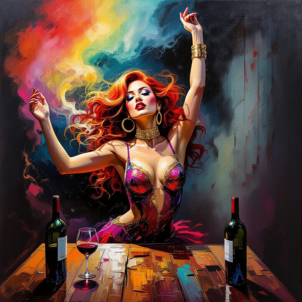 Redhead Dancer in Impasto Oil Painting with Smoke