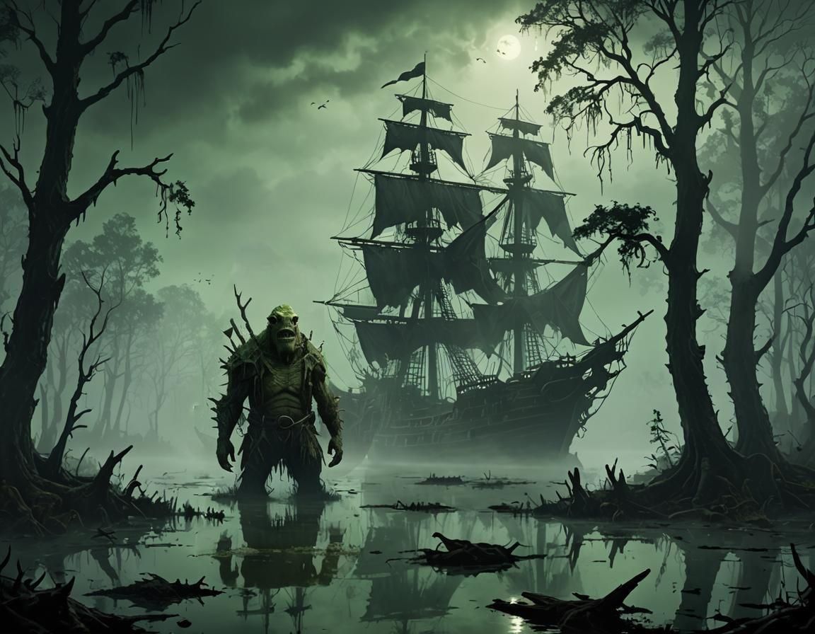 Eerie Pirate Ship in Foggy Swamp Concept Art