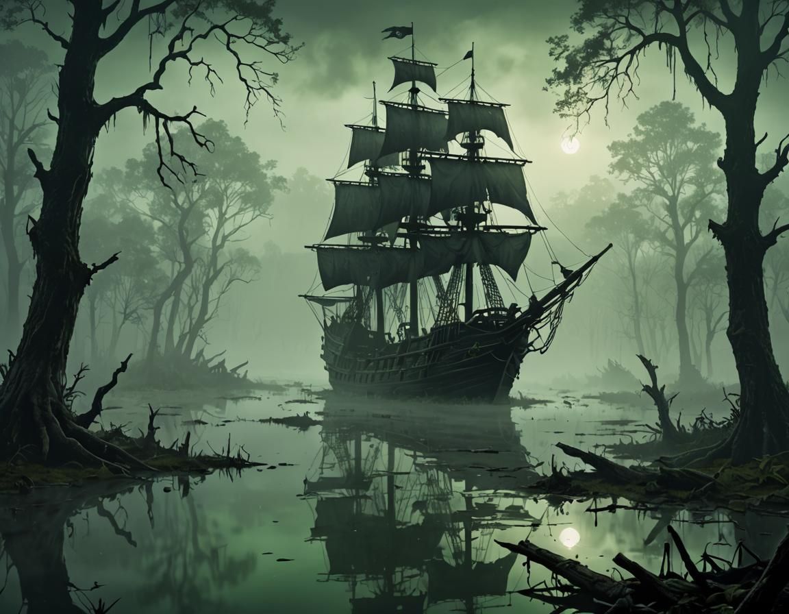 Foggy Swamp Pirate Ship Concept Art
