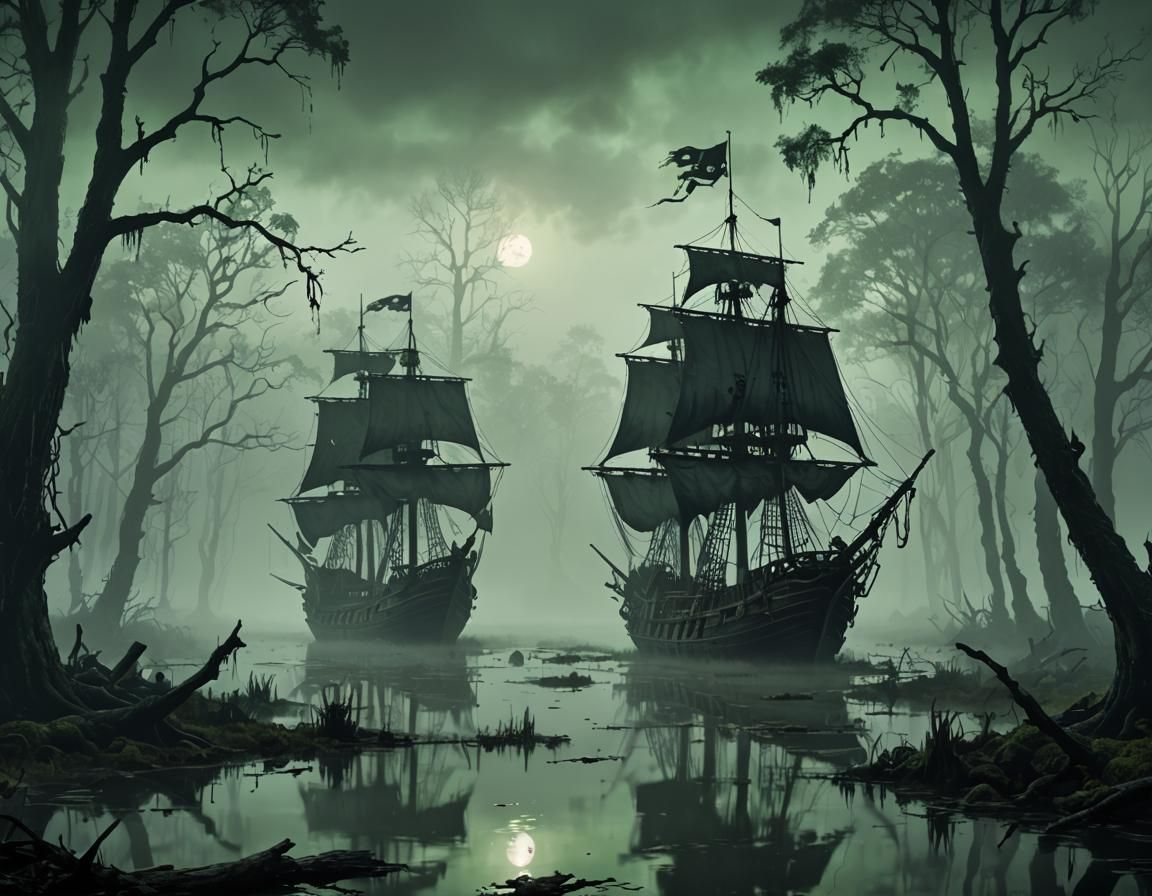 Eerie Pirate Ship in Foggy Swamp: Concept Art
