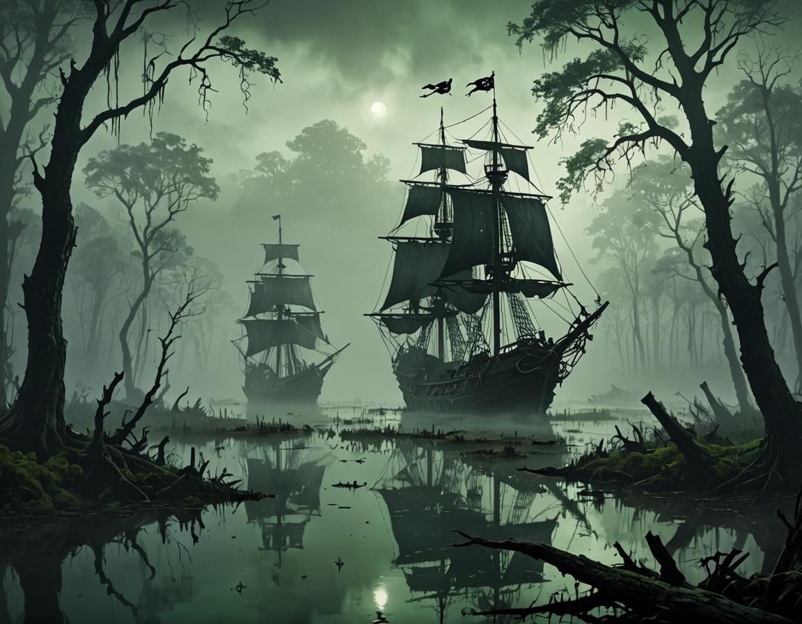 Pirate Ship Hidden in Foggy Swamp Concept Art