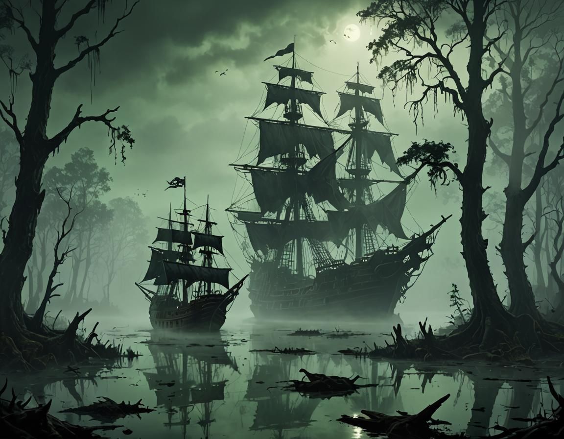 Eerie Pirate Ship Concealed in Foggy Swamp