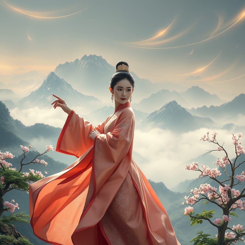 Ethereal Chinese Heroine in Misty Mountains