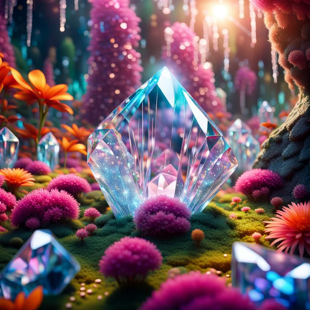 Enchanted Crystal Garden in Psychedelic Holographic Art