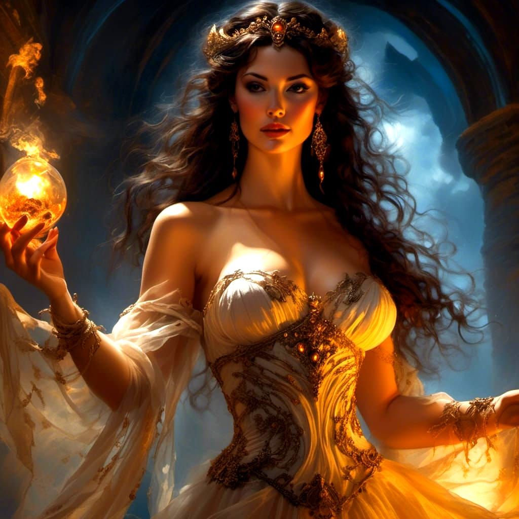 Fantasy Courtesan in Amber Glow, Renaissance-Inspired Art