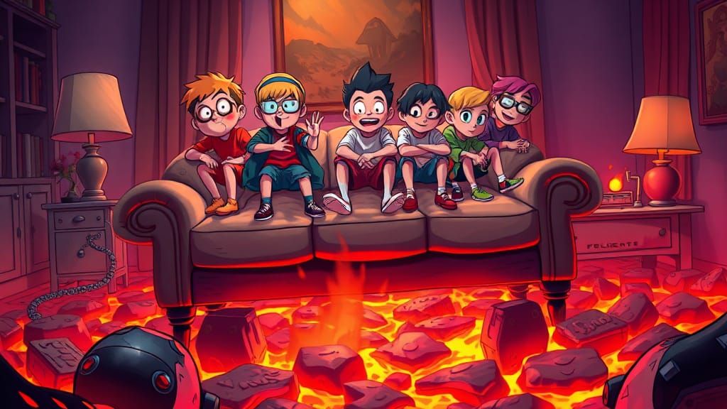 Cartoon Characters Escape Lava in Hyperrealistic Style