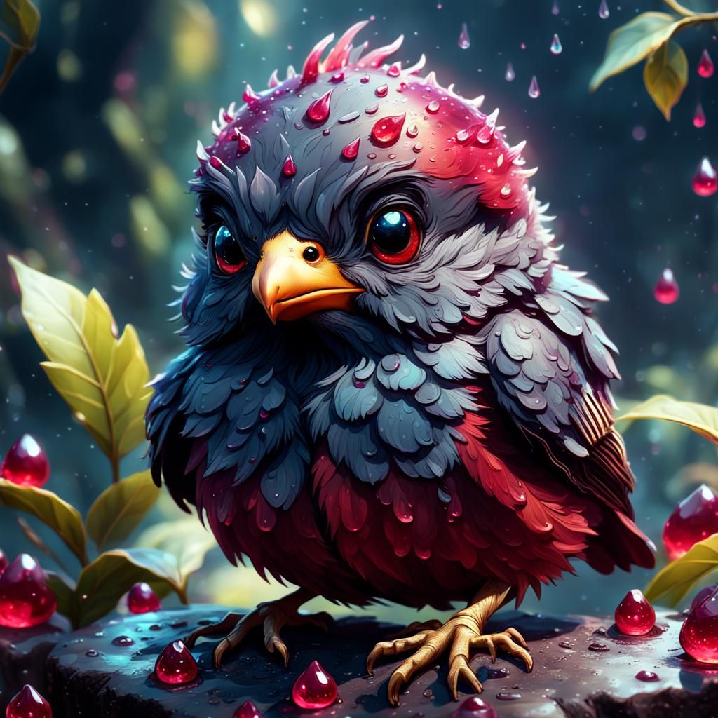 Cute Baby Bird Portrait with Ruby Drops