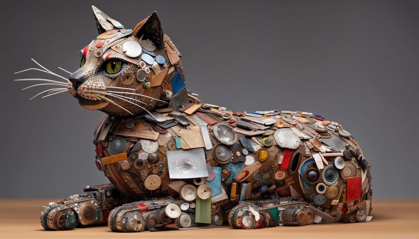 A cat sculpture made of recycled materials and rubbish sitting on a box...
