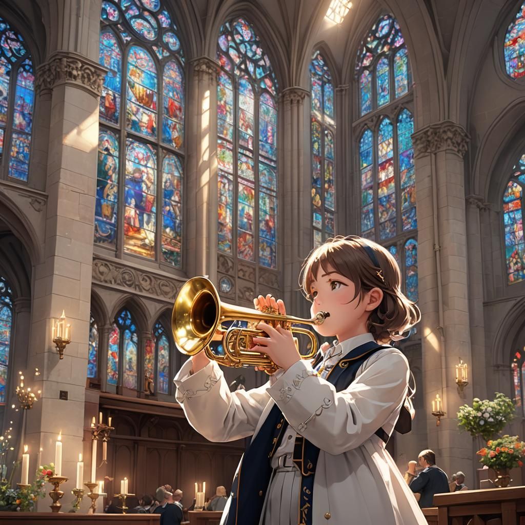 Anime Musician Playing Trumpet in Stained Glass Church