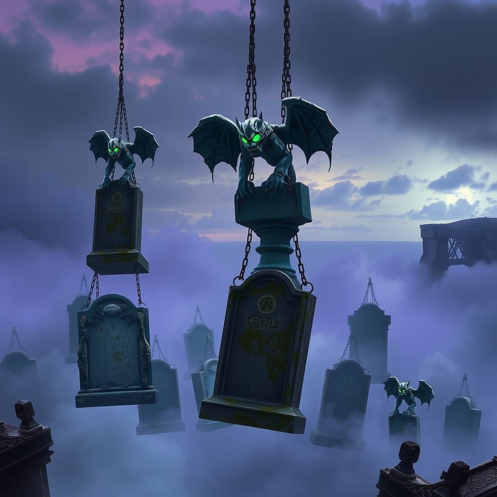 Ethereal Gargoyles Guard the Floating Graveyard in Twilight