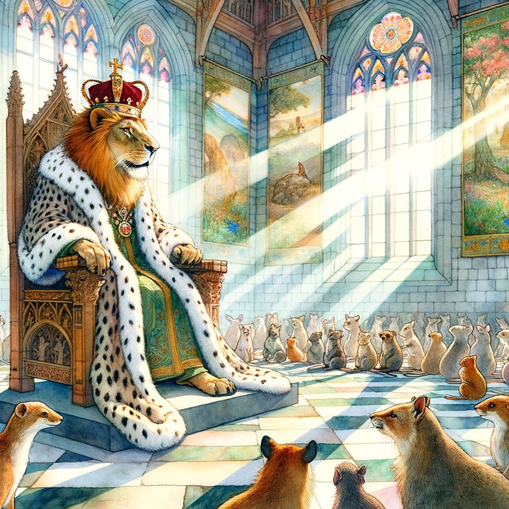Regal Lion King Giving Counsel in Dreamlike Watercolor