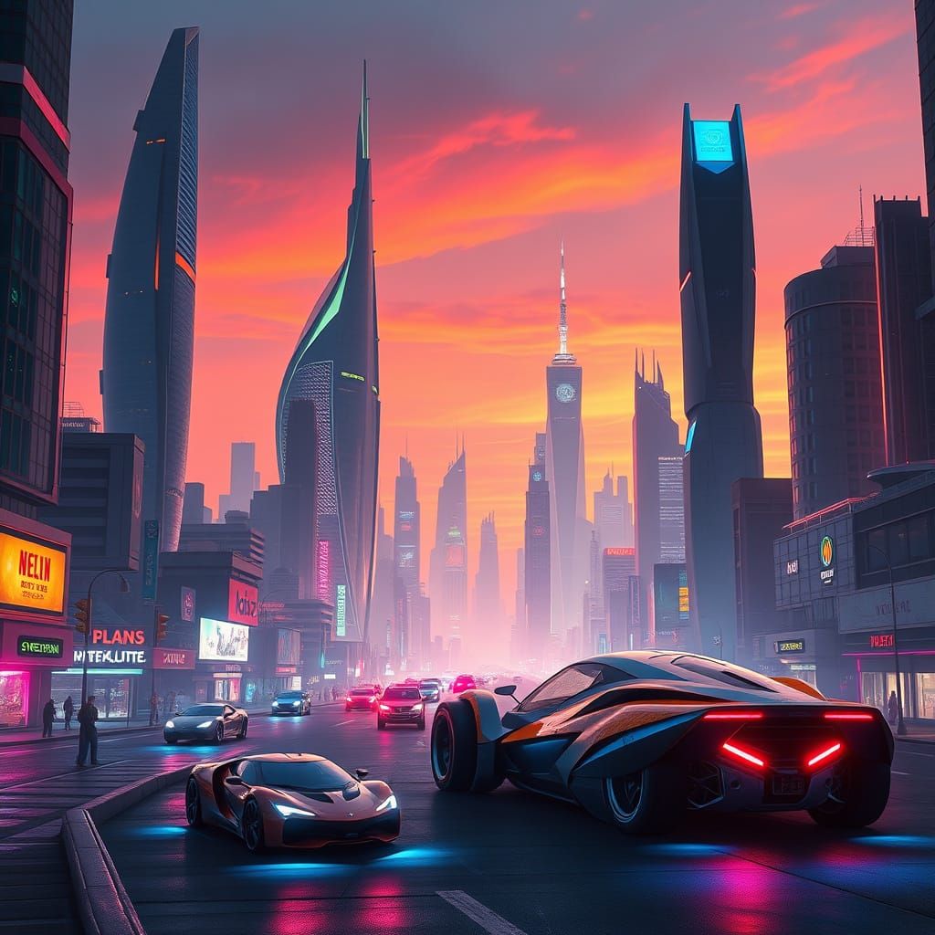 Futuristic Cityscape at Dusk: Neon and Concept Cars