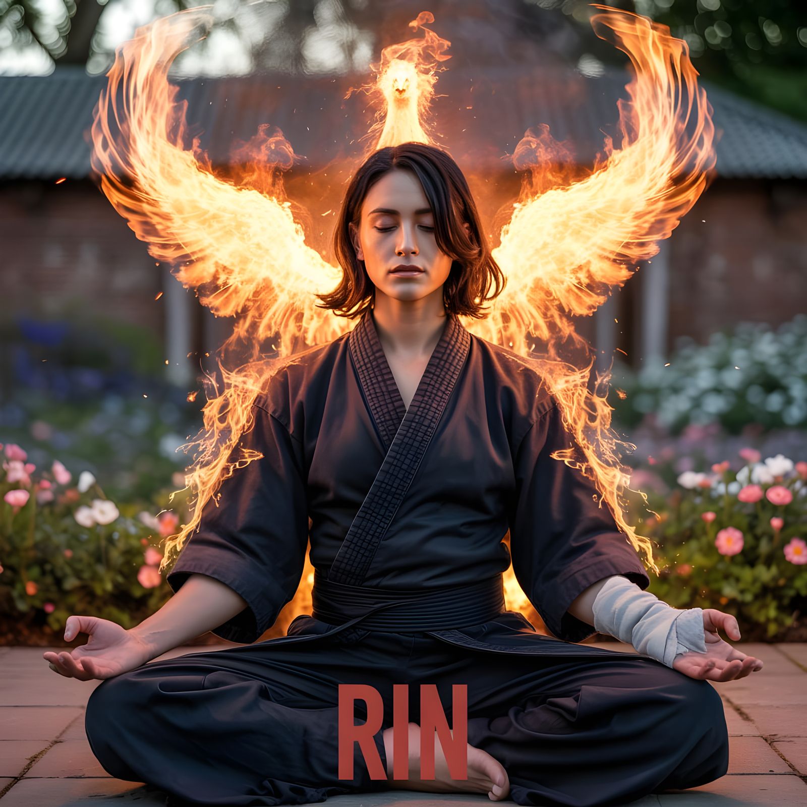 Fiery Phoenix Meditating in Flower Garden