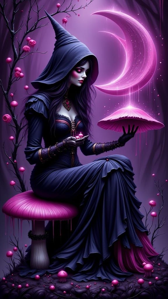 Gothic Punk Woman with Grim Reaper on Glowing Mushroom