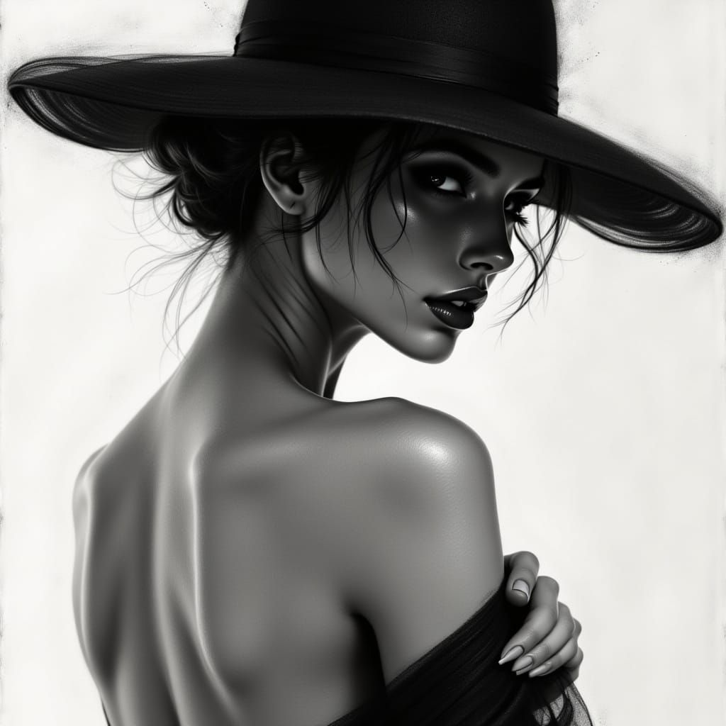 Charcoal Portrait of a Woman with Hat
