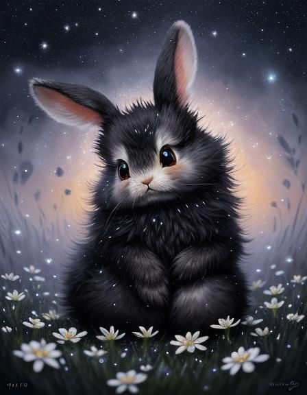 Fluffy Fantasy Baby Bunny in Flower Rain