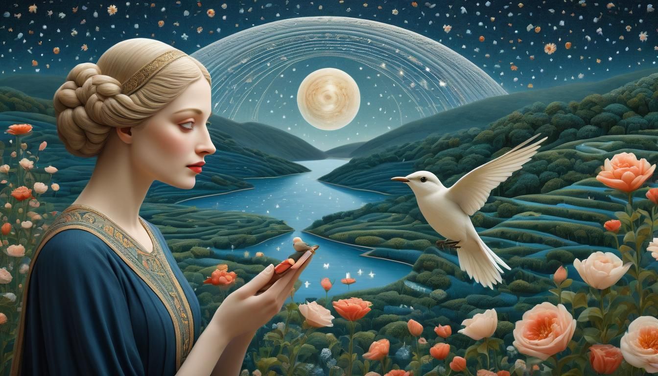 Magical Girl with Birds Gazing at Stars