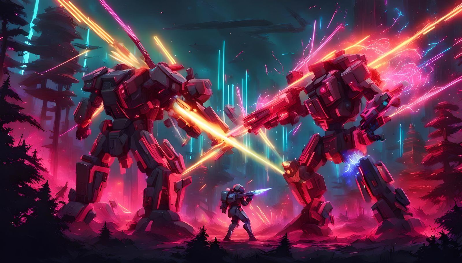 Mechas Fight in Neon Lit Forest