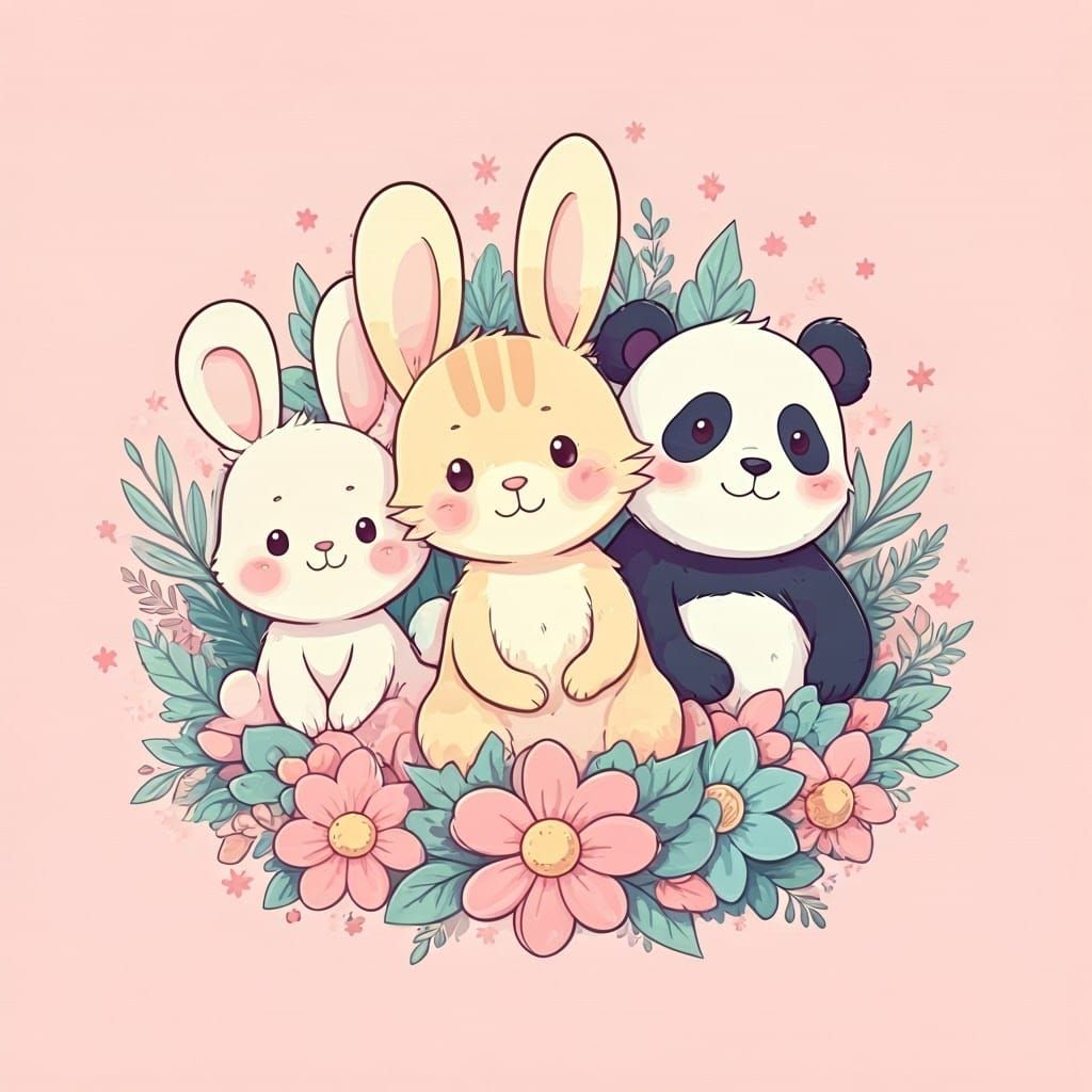 Pastel Kawaii Animals with Flowers and Greenery