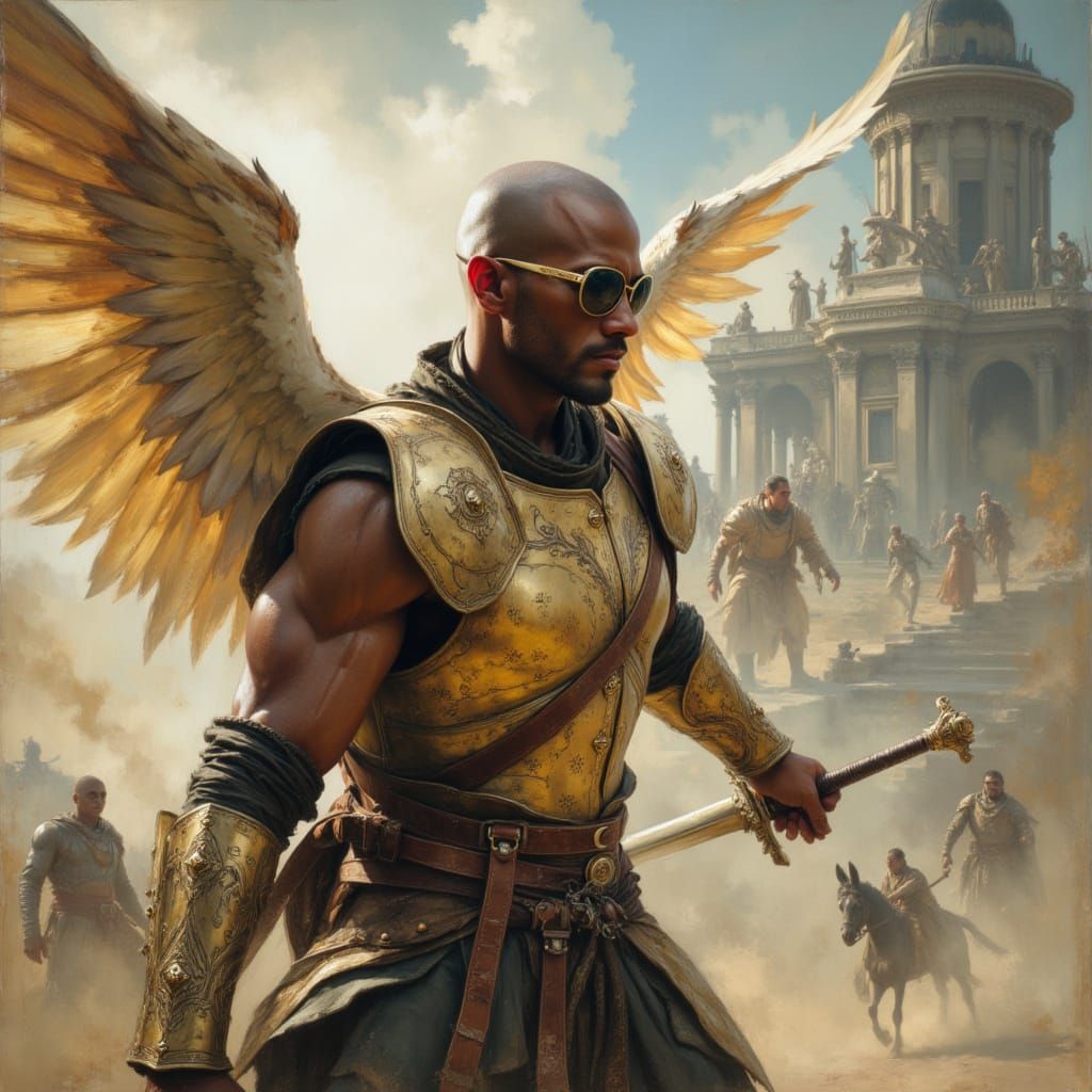 Winged Warrior Angel Fighting Demons as Brushed Oils