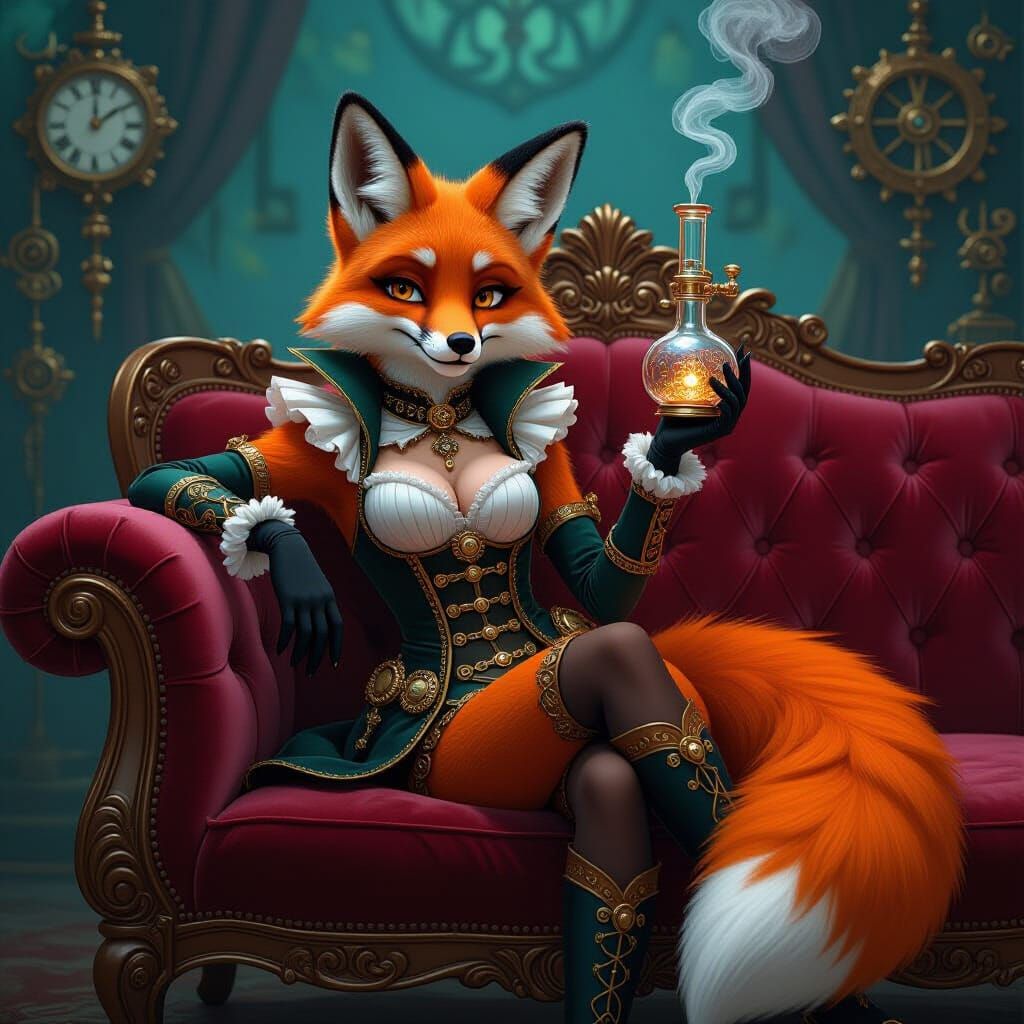 Steampunk Fox with Bong on Velvet Sofa, Dark Whimsical Style