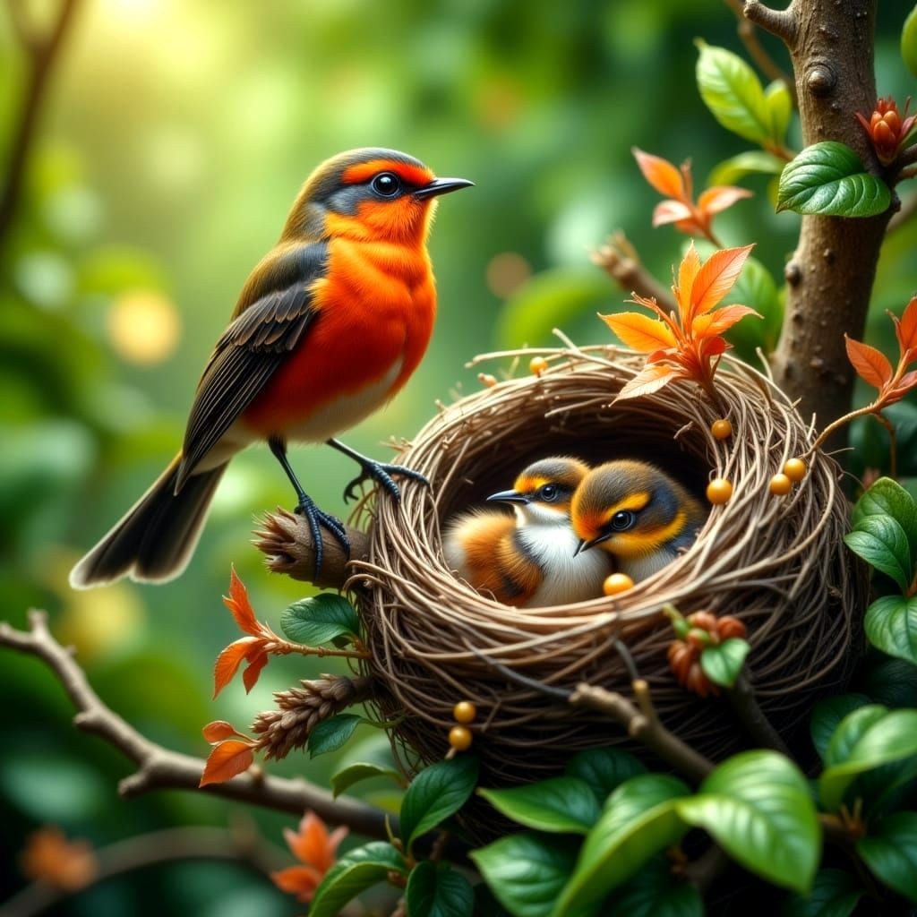 Scarlet Robin Surveys Nest in Hyperrealistic Detail
