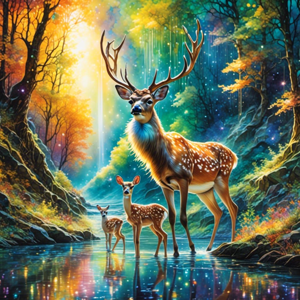 Deer Family Crossing River in Birch Forest: Graffiti Art