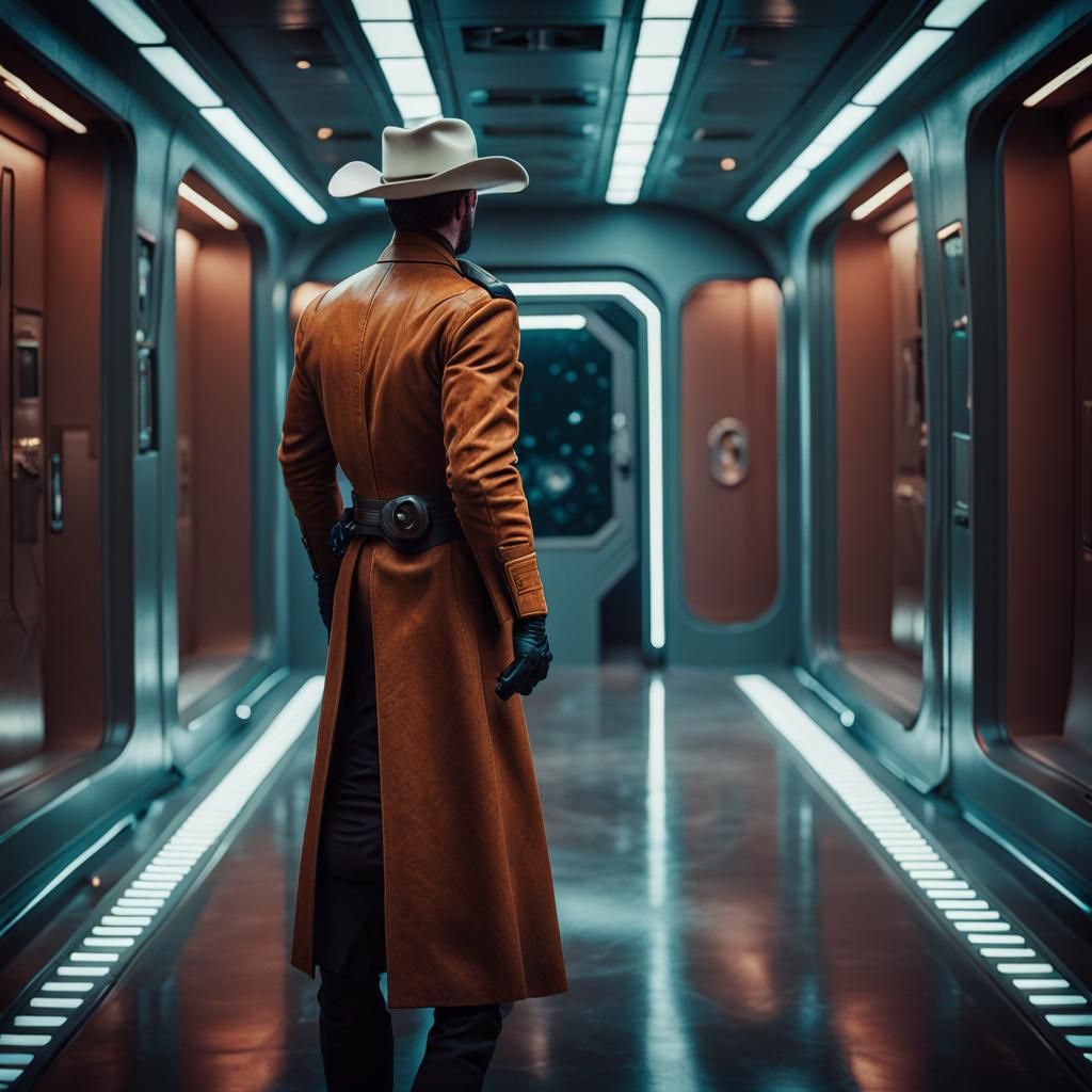 Dramatic Space Cowboy Gunfight in Spaceship Hallway
