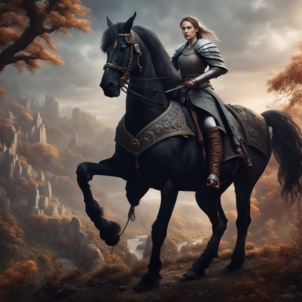 Medieval Warrior on Black Horse: Detailed Matte Painting