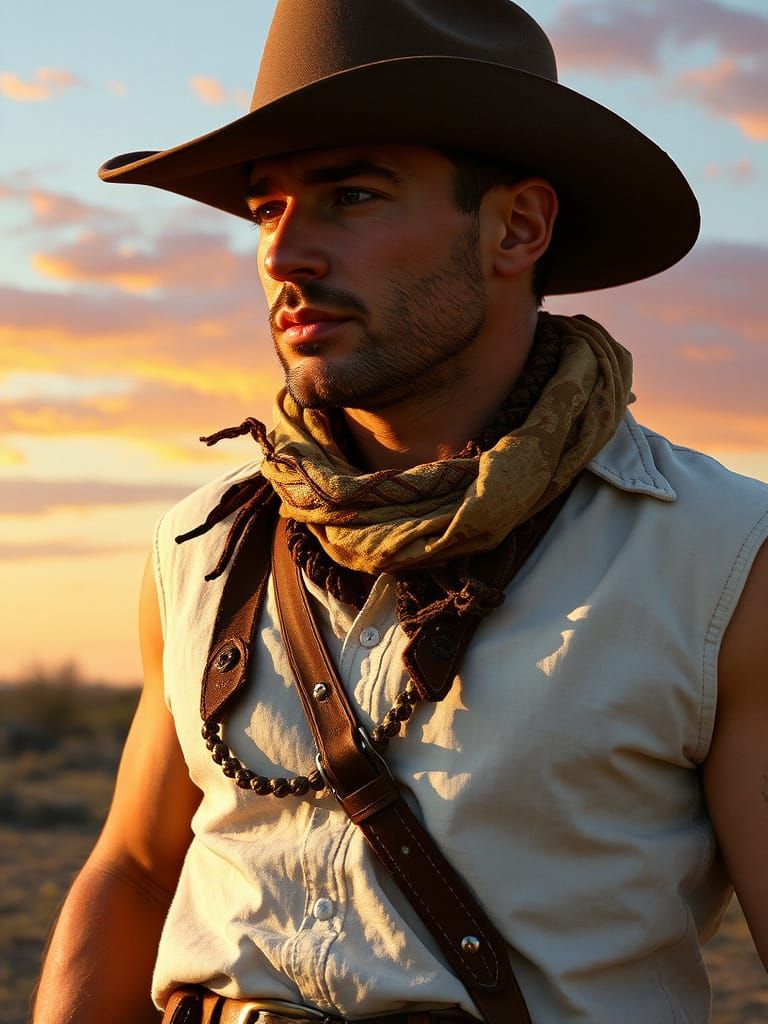 Cowboy With Lariat at Dusk in Airbrush Style