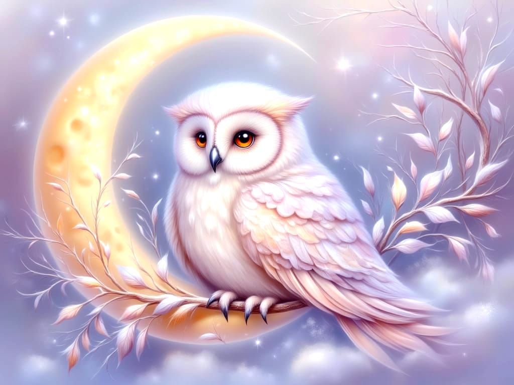 Pastel Owl on Crescent Moon with Fantasy Glow