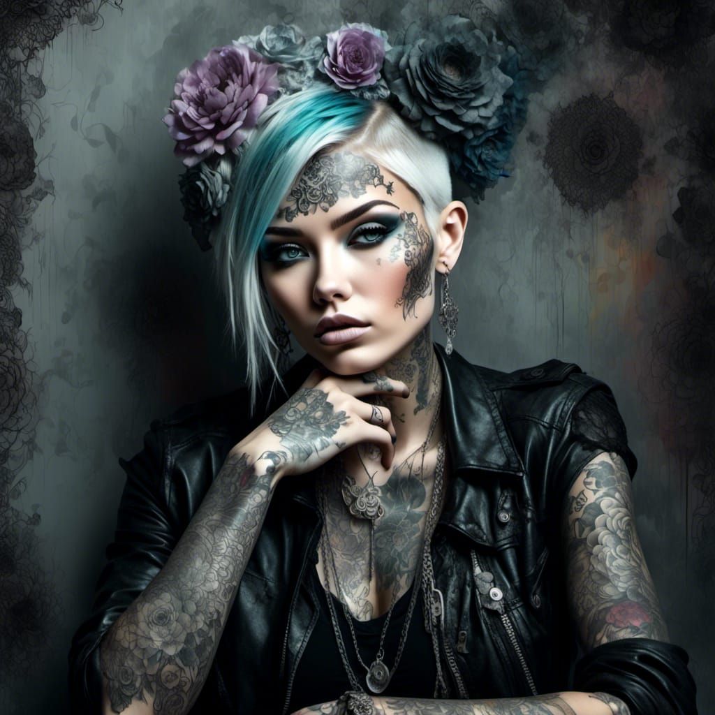 Gothic Woman Portrait with Lace Flowers and Mist