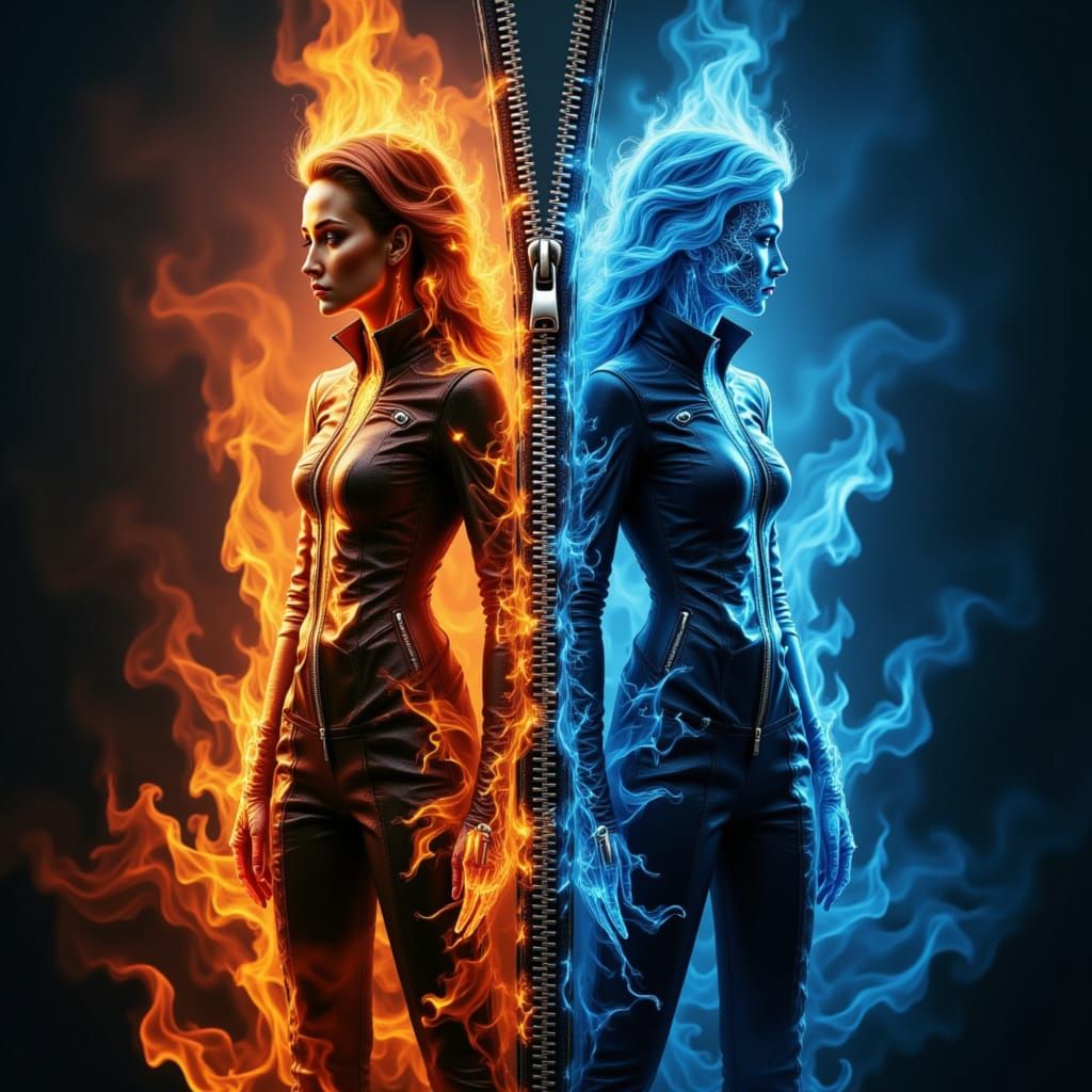 Fire and Ice Elementals Zipper Art in Cyberpunk Style