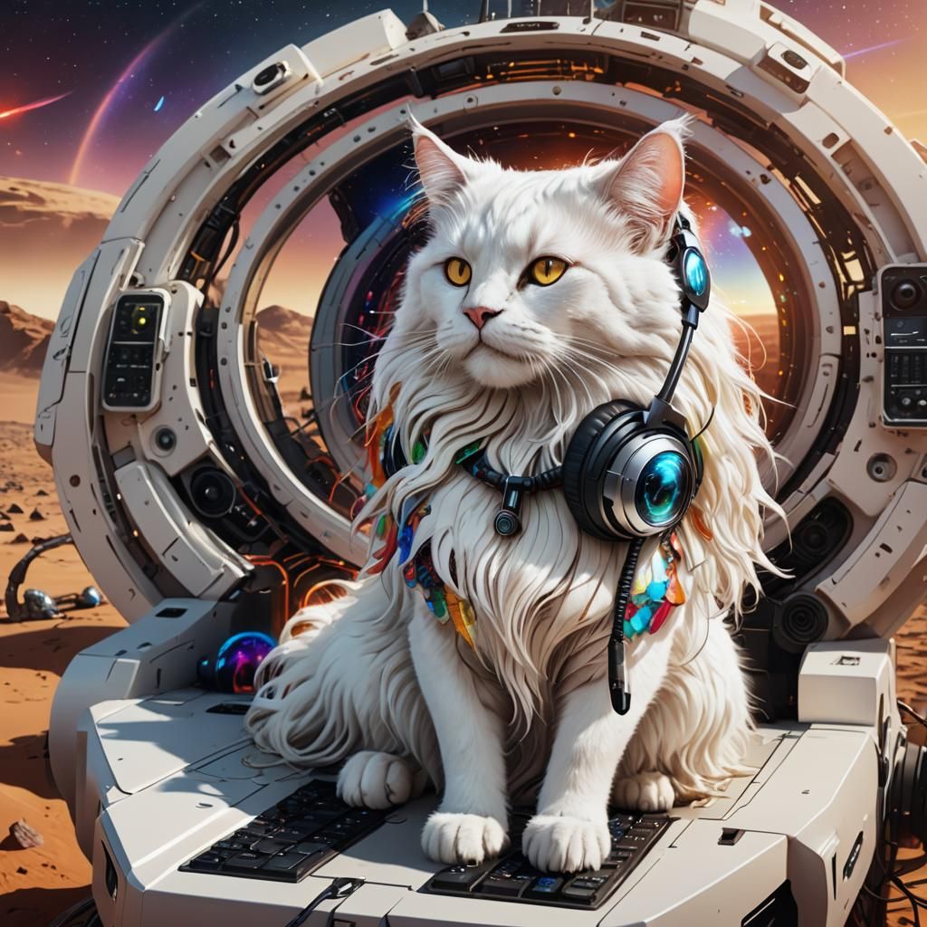 Cybercat DJ on Mars in Elegant Spaceship