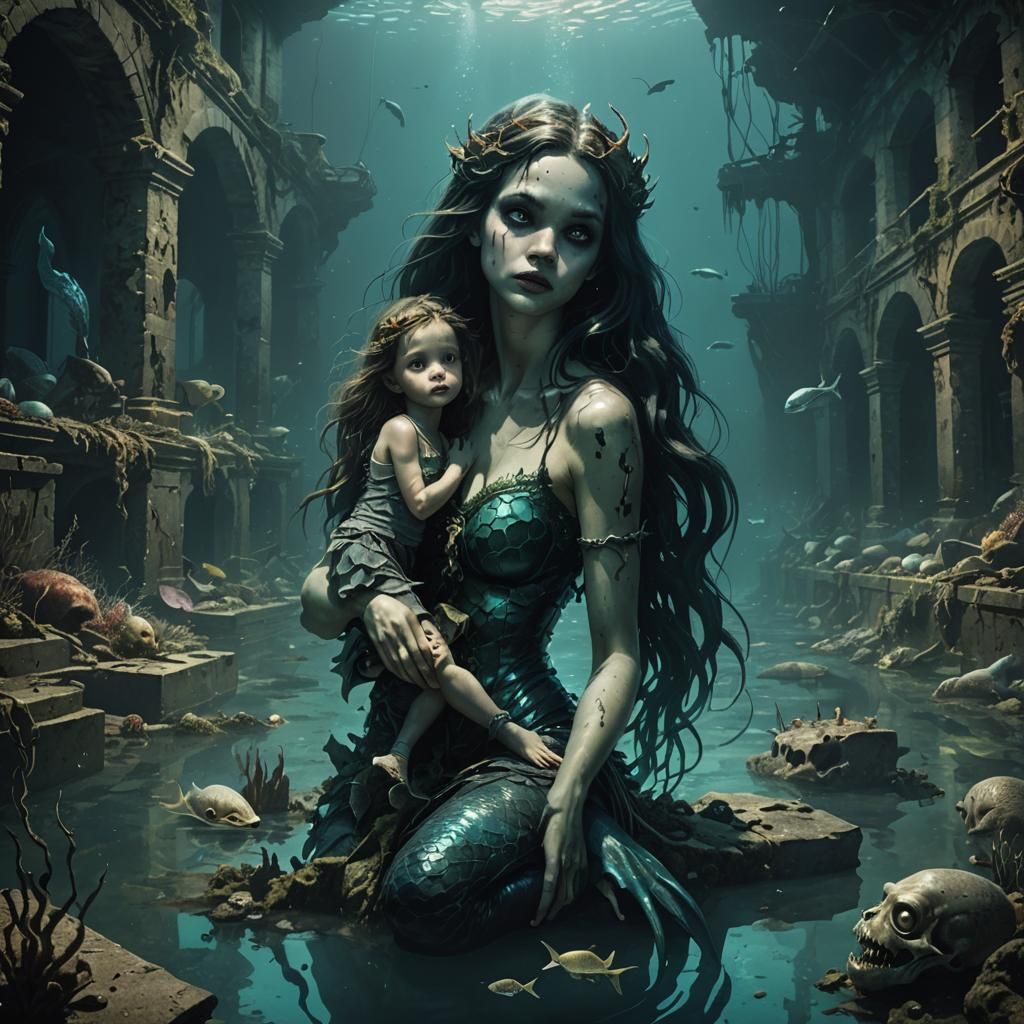 Dark Fantasy: Mermaids in Underwater Ruins