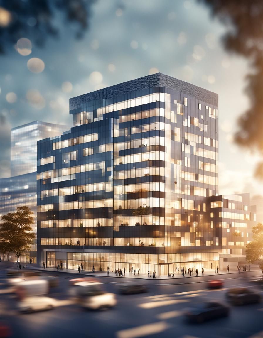 Create a visual representation of a modern-looking office block n 3D with a blurred background effect called bokeh.