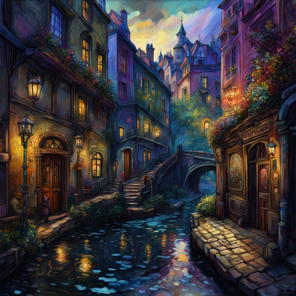 Enchanting Street Scene to Fountain as Neo-Impressionism Pai...