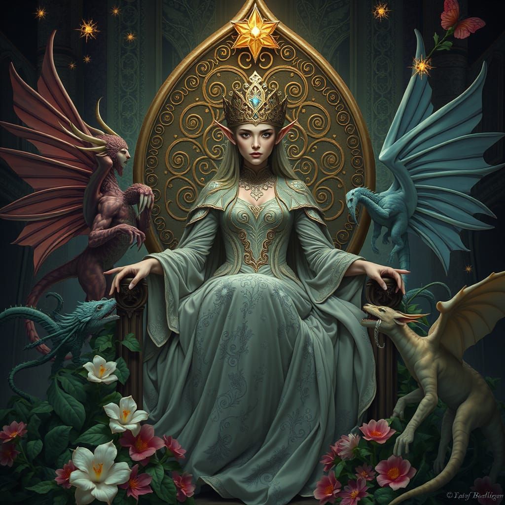 Elven Queen on Living Throne, Matte Painting Style