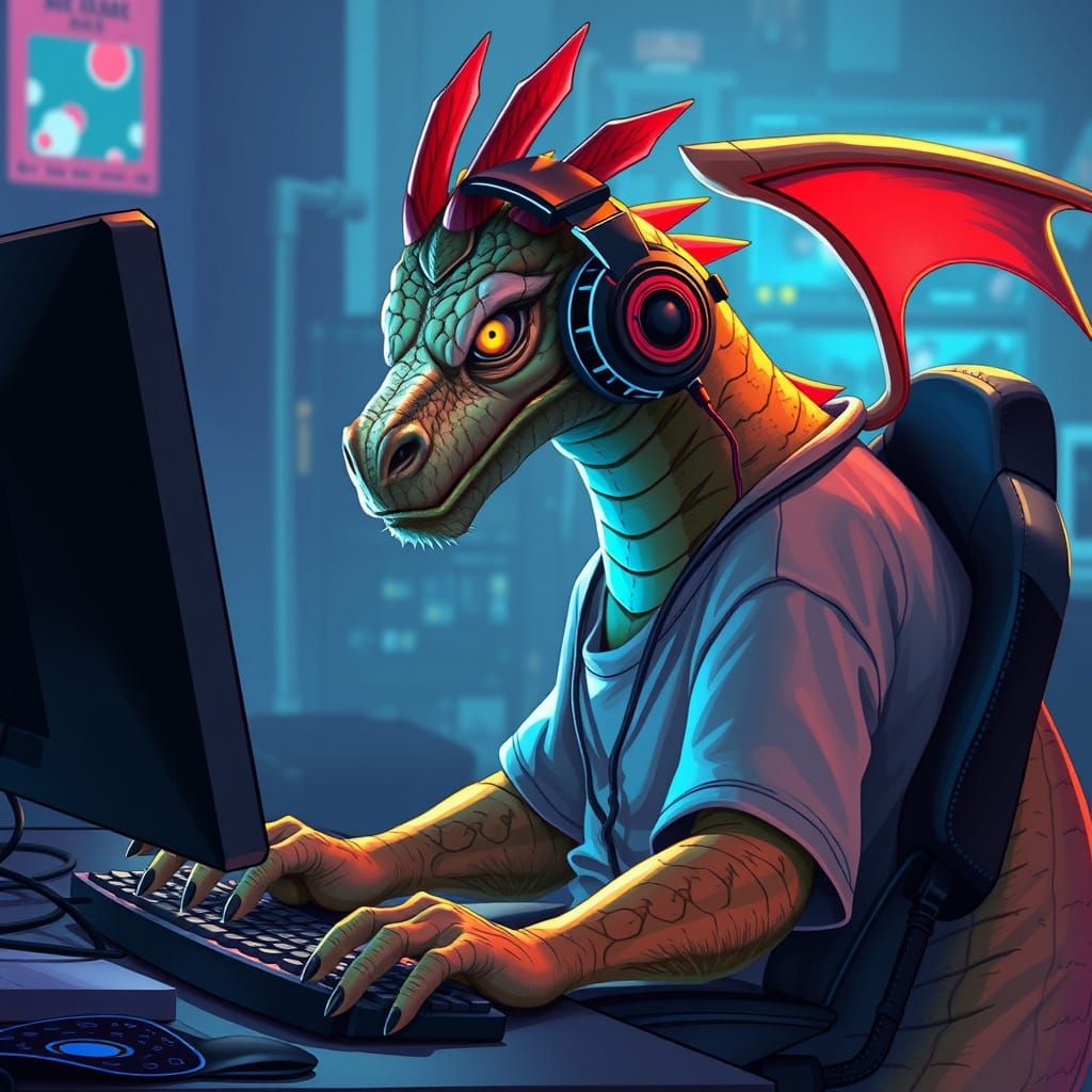 Dragon Gamer Immersed in Video Game, Digital Concept Art