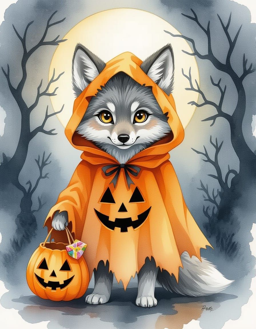 Anthropomorphic Wolf in Pumpkin Ghost Cloak