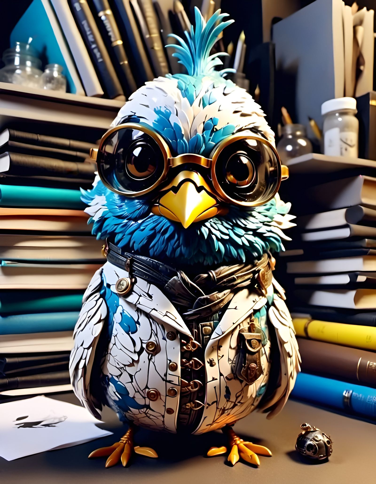 Surreal Chibi Sparrow Researcher in Ink Cartoon Style