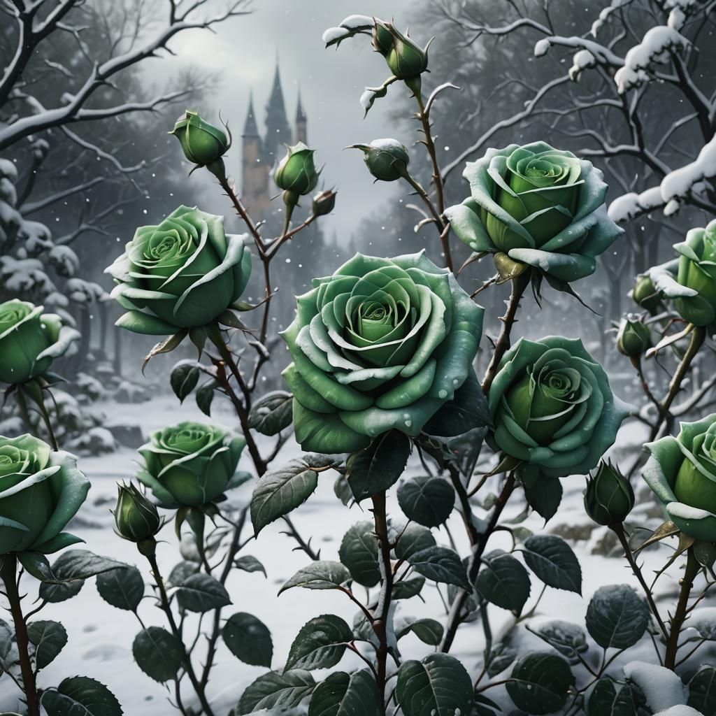 Green Roses in Snow: Detailed Matte Painting