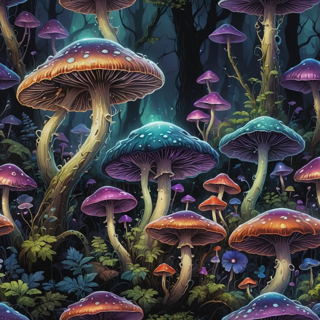 Glowing Poisonous Mushroom in Psychedelic Style