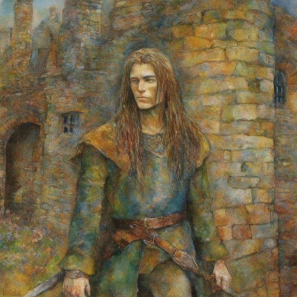 Medieval Knight with Long Hair in Comic Book Style